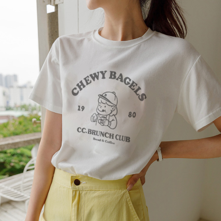 圆领纯棉正肩短袖t恤女2024新款夏季复古韩系小众百搭别致女上衣