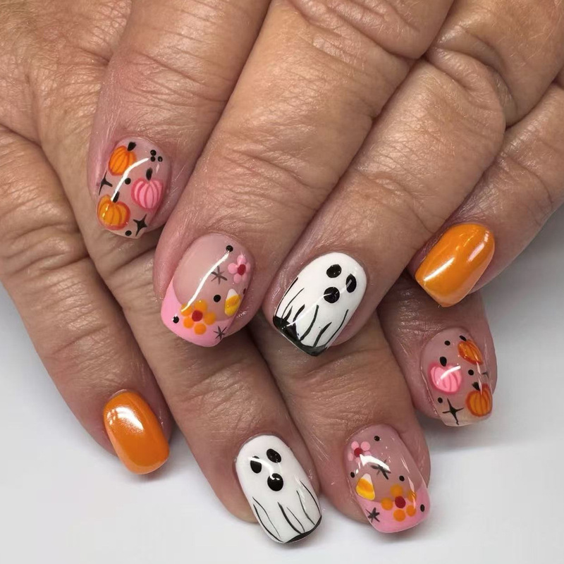 Halloween Autumn Brown Pumpkin Ghost Flower Graffiti Short Square Pink French Manicure Nail Tips Wearable Nails