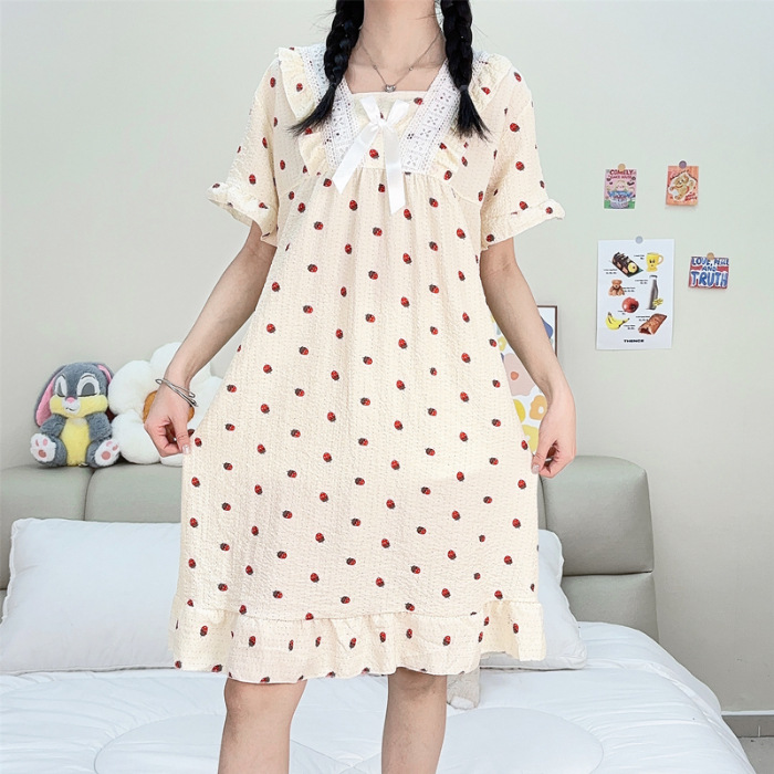 Pijama de mujer de verano tejido espuma tejida tela arrugada pijama de mangas cortas princesa vestido de viento suelto vestido de casa de verano