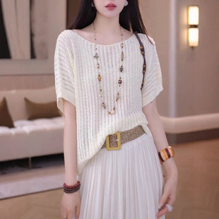Plus Size Sequined Hollow Short-Sleeved Sweater 2025 Summer New Style Belly-Covering Loose Super Nice Unique Top