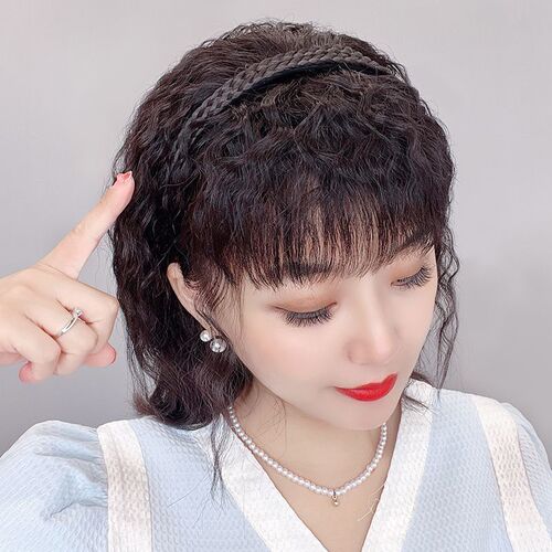 Wig female head covering white hair wig piece artificial hair seamless natural curly hair hoop braid bangs one-piece curly hair piece