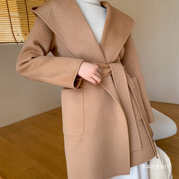 Double-sided cashmere demi-season short woolen jacket with hood