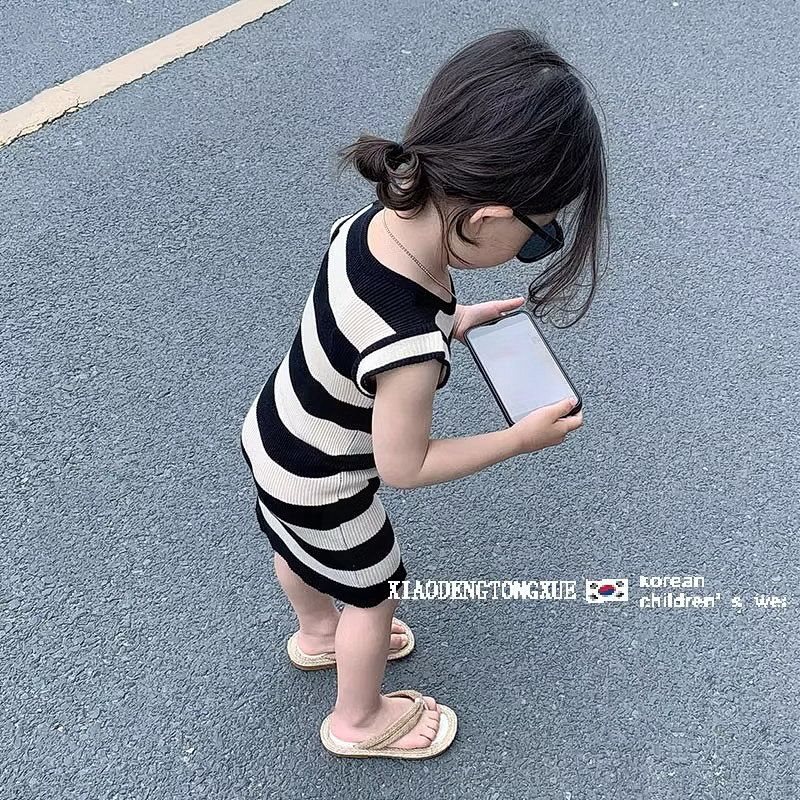Girls' summer tank dress, breathable and stylish ice silk thin striped tank dress, perfect for summer wear.