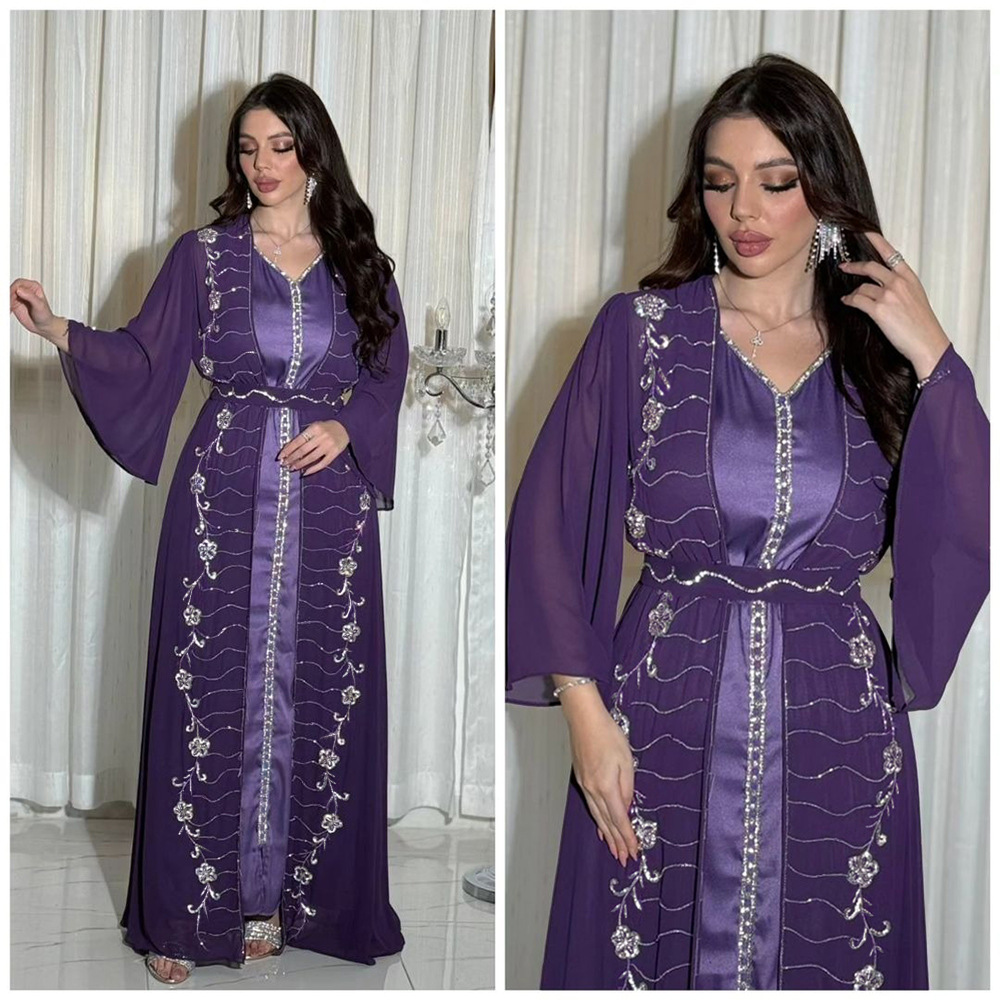 XQY500261 Four-Season Commuting Vest + Jacket Dress Chiffon Rhinestone Muslim Suit Robe_ecoleips.com