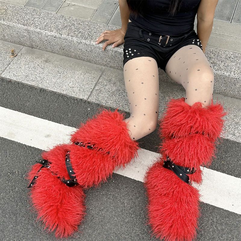 欧美毛毛雪地靴女冬季加绒2025新款保暖高筒交叉绑带柳钉防滑棉鞋|undefined