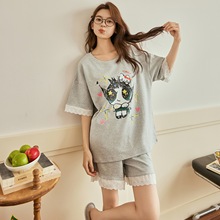 100全棉睡衣女夏季自带胸垫纯棉短袖短裤蕾丝少女卡通可爱家居服