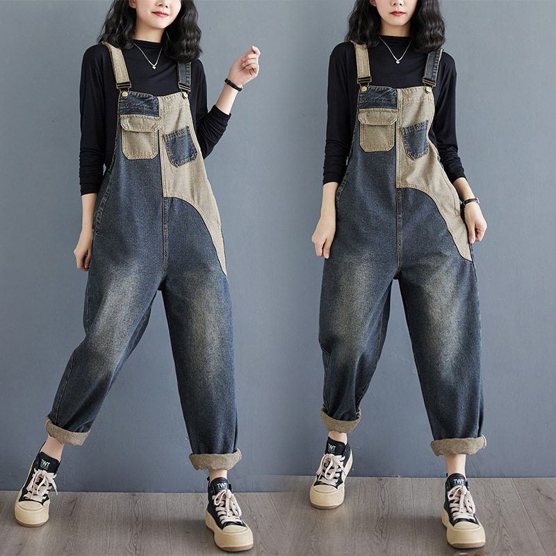 Real Shot of Limited-Edition Autumn New Large-Size Loose Denim Overalls, Cropped Pants for Women, Versatile