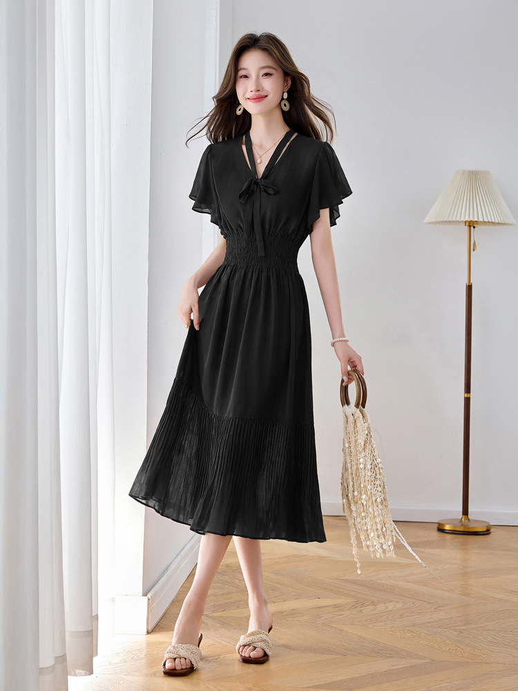 Đầm maxi nữ họa tiết hoa nhí thắt eo dáng chữ A dài quá gối — màu đen, màu hồng