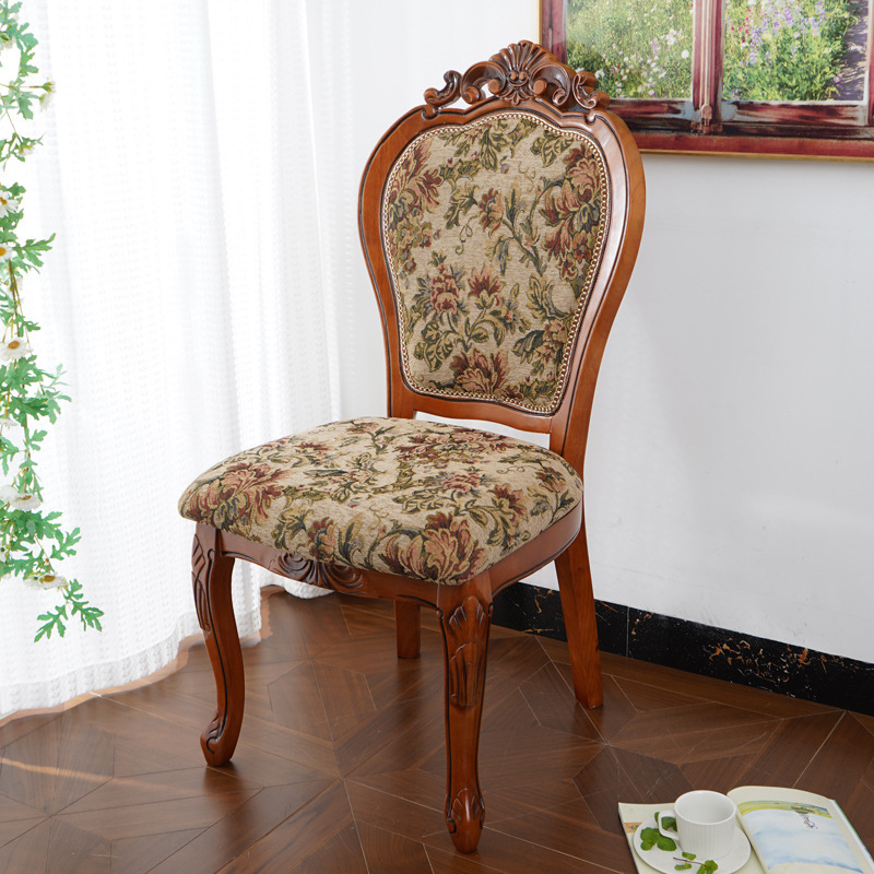 JP European Style Leather Dining Chair Home Study Chair American Style Solid Wood Fabric Neo-Classical Mahjong Backrest Solid Wooden Chair