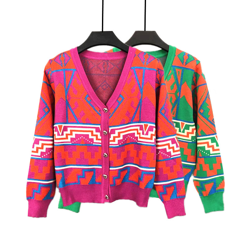 Autumn and Winter new jacquard geometric pattern coat slim V-neck college style fashion knitted women's cardigan outer top