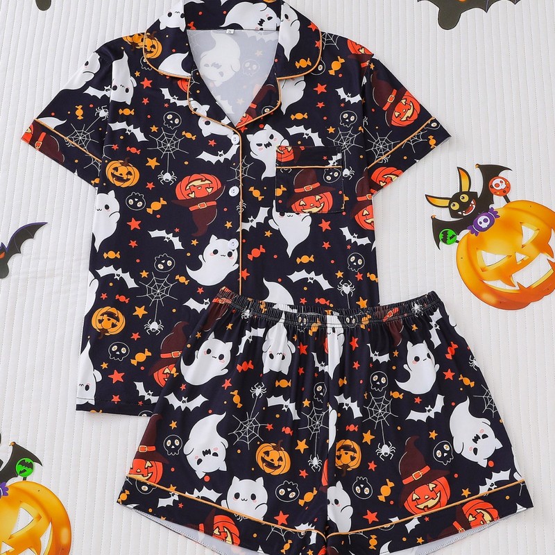 国境を越えた貿易ハロウィンレディース半袖ショーツ四季パジャマセットカーディガンラペルホーム服ゆったりと快適|undefined