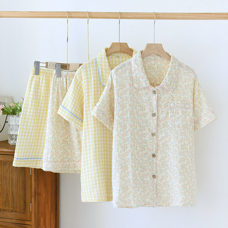 Sweet Floral Small Lapel Pajamas Women's Summer Thin Washed Cotton Double Gauze Casual Short-sleeved Shorts Home suit