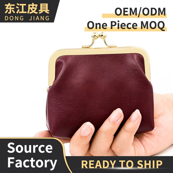 In-Stock Vintage Oil Leather Iron Clip Coin Purse, Large Capacity, Light Gold Edge, Candy Color Mini Clutch Coin Bag