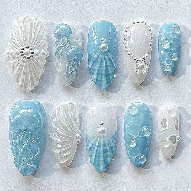Trendy European and American Almond-Shaped Press-On Nails with Summer Beach Star and Water Ripple Designs, High-End Nail Stickers Trendy European and American Almond-Shaped Press-On Nails with Summer Beach Star and Water Ripple Designs, High-End Nail Stickers