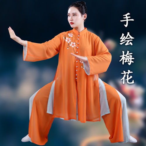 Orange Tai chi clothing for women wushu competition kung fu uniforms hand-painted chinese martial arts clothing long Tai chi boxing performance outfits for female