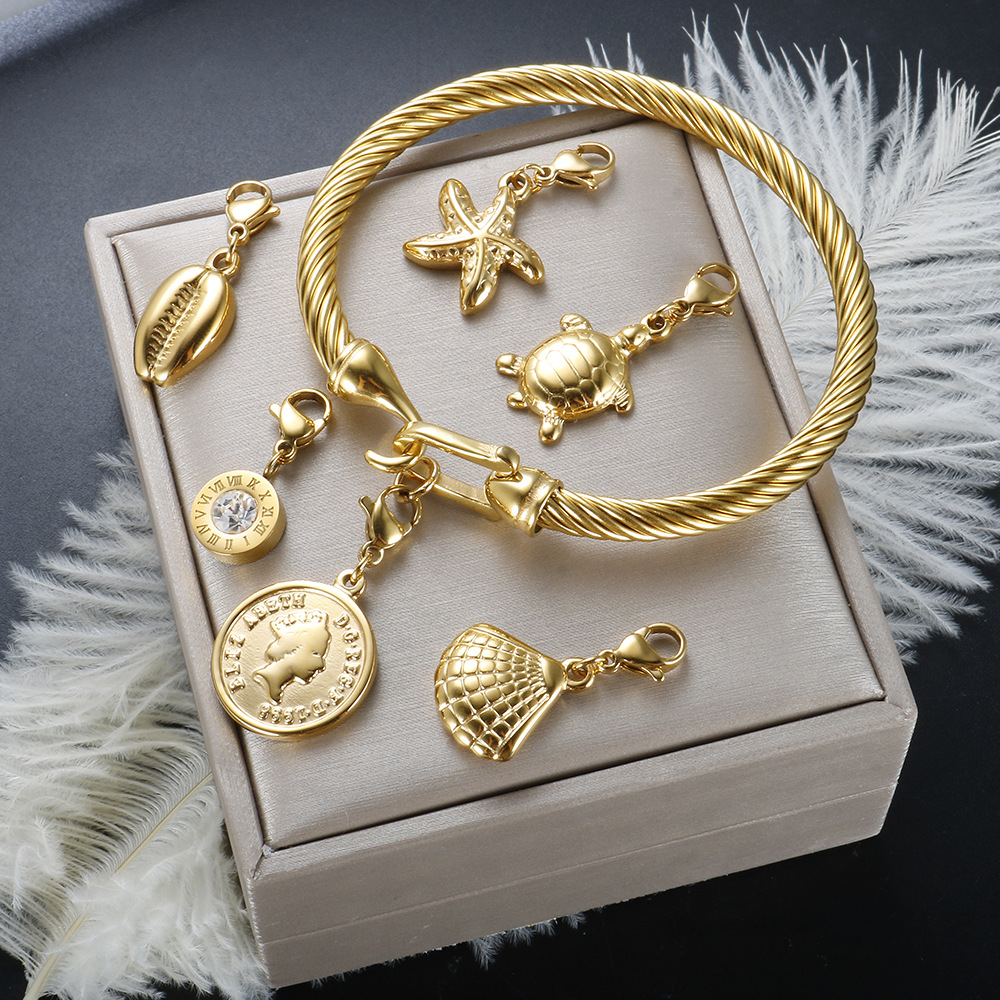 1 Piece Quantity Daily Occasion Marine Style Starfish Heart Shape Shell Titanium Steel Bangle In Bulk