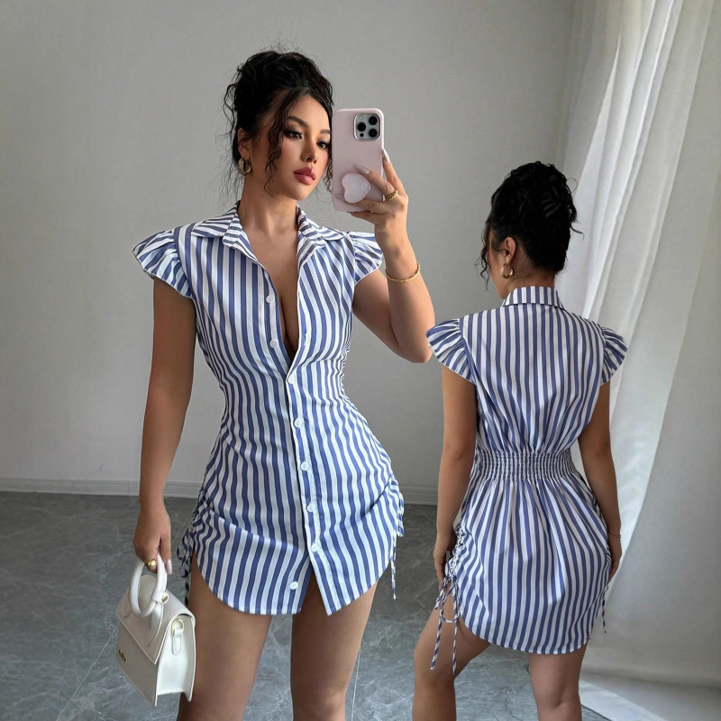 Real Shot of Cross-Border Amazon European and American Clothing New Hot Style Women's Fashion Sleeveless Striped Pleated Shirt Dress