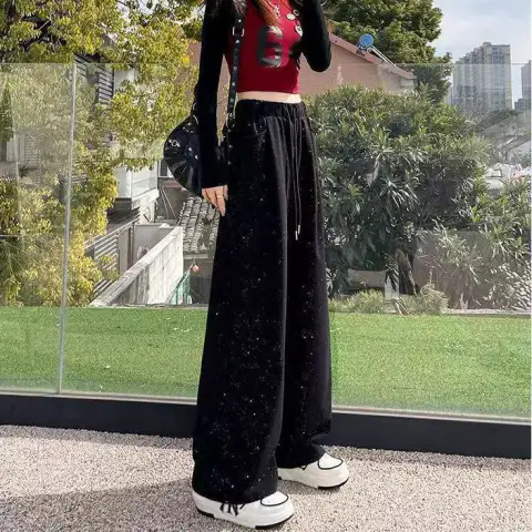 亮片阔腿裤女2025新款夏季韩版时尚高腰休闲直筒长裤显瘦拖地裤女