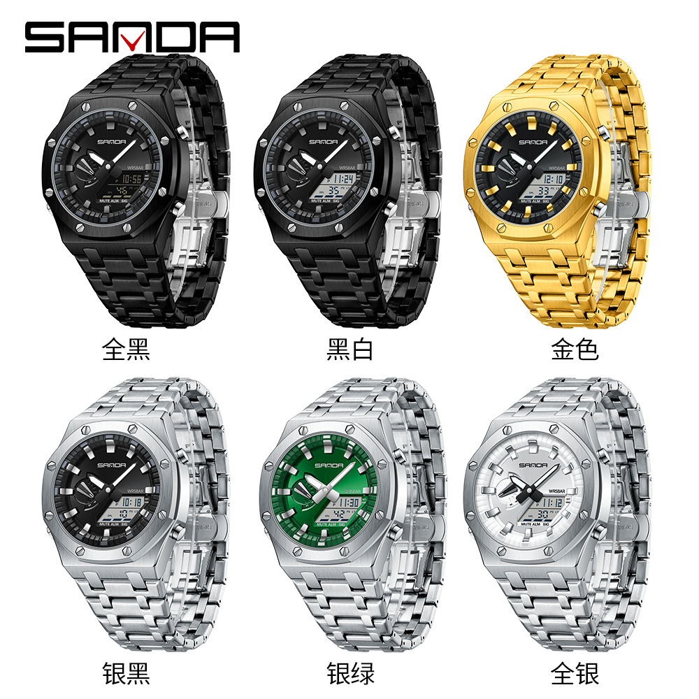 SANDA reloj electrónico popular correa de acero Luz de elevación manual reloj despertador multifuncional de moda para hombres frescos 3357