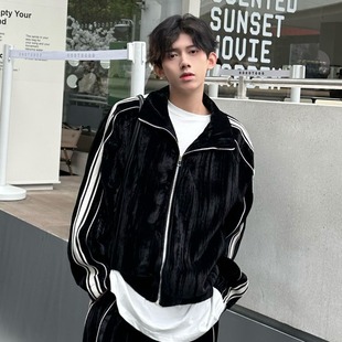 23 autumn ruffian handsome high-end cardigan coat color matching striped sweater two-piece couple casual sports suit men