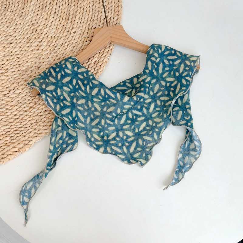 Japanese-Style Printed Ramie Linen Small Square Scarf, Thin Breathable Women's Summer Neck Protection Triangle Scarf, Neckerchief, Headscarf Accessory