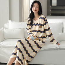 睡裙女秋季长袖纯棉韩版少女学生波浪条纹中长款家居服全棉可外穿