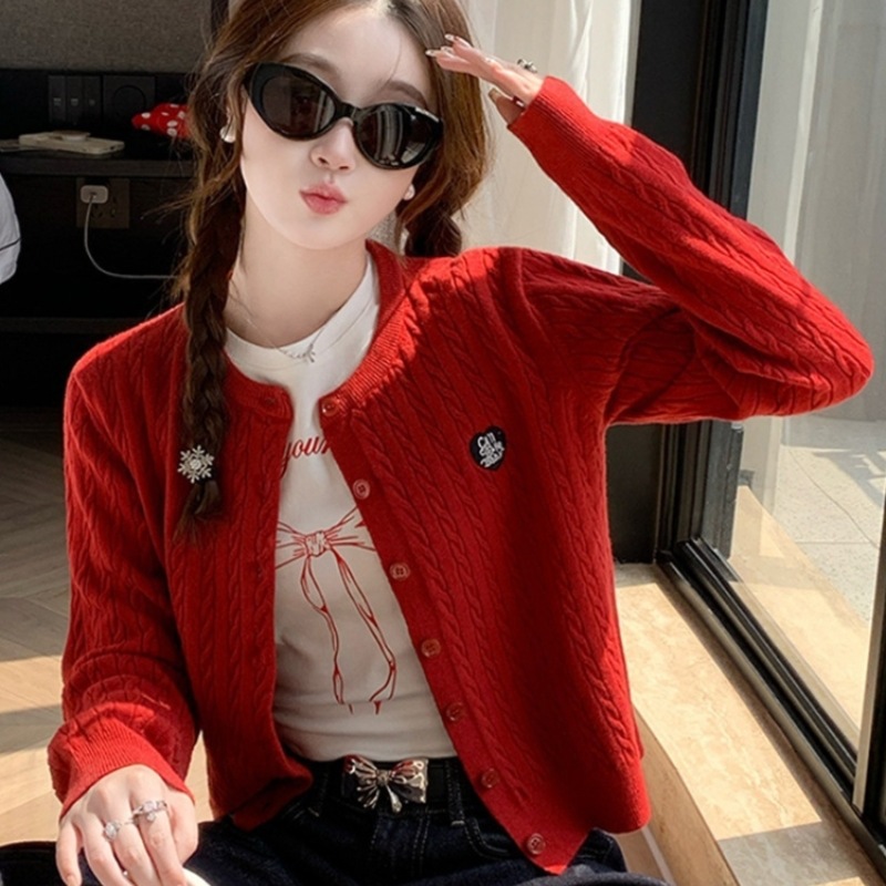 红色开衫毛衣女2025新款秋冬外套麻花针织小外搭秋冬穿搭上衣