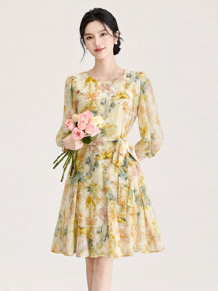 Đầm maxi nữ tay phồng hoa nhí chất liệu voan chiffon — xanh lá cây