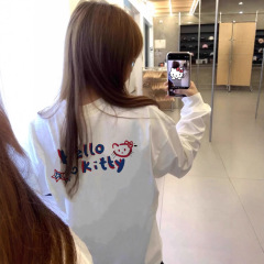 白色长袖t恤女 秋新款双面kitty猫印花遮肉显瘦减龄纯棉束口上衣