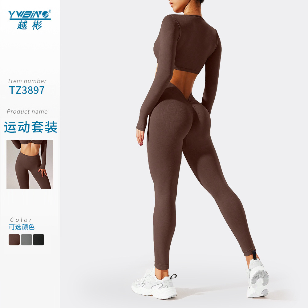 Deportes ropa de entrenamiento de yoga conjunto de dos piezas sexy apretado manga larga alto elástico de secado rápido al aire libre traje de correr desnudo sentido fitness