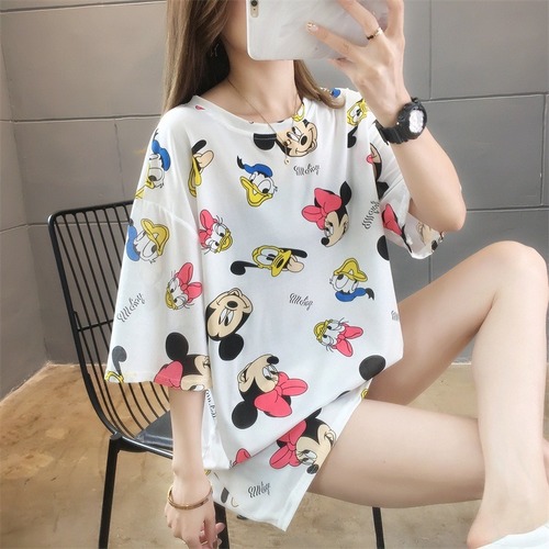 103# Super Hot Instagram Spring and Summer Korean Style Casual Versatile Cartoon Mickey Loose Medium-Long Sleeve T-Shirt Top