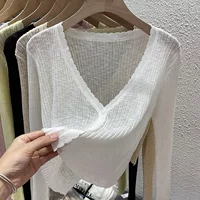 Женский вязаный кардиган с V-образным вырезом, летняя тонкая короткая рубашка с кондиционером, шаль из ледяного шелка, Солнцезащитная куртка с длинными рукавами