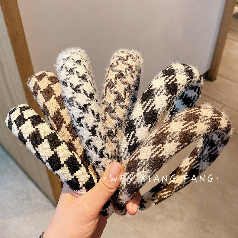 Houndstooth diadema Otoño e Invierno Corea del Sur retro alto cráneo superior ancho borde diadema Internet celebridad Hong Kong estilo elegante todo partido tocado para mujeres