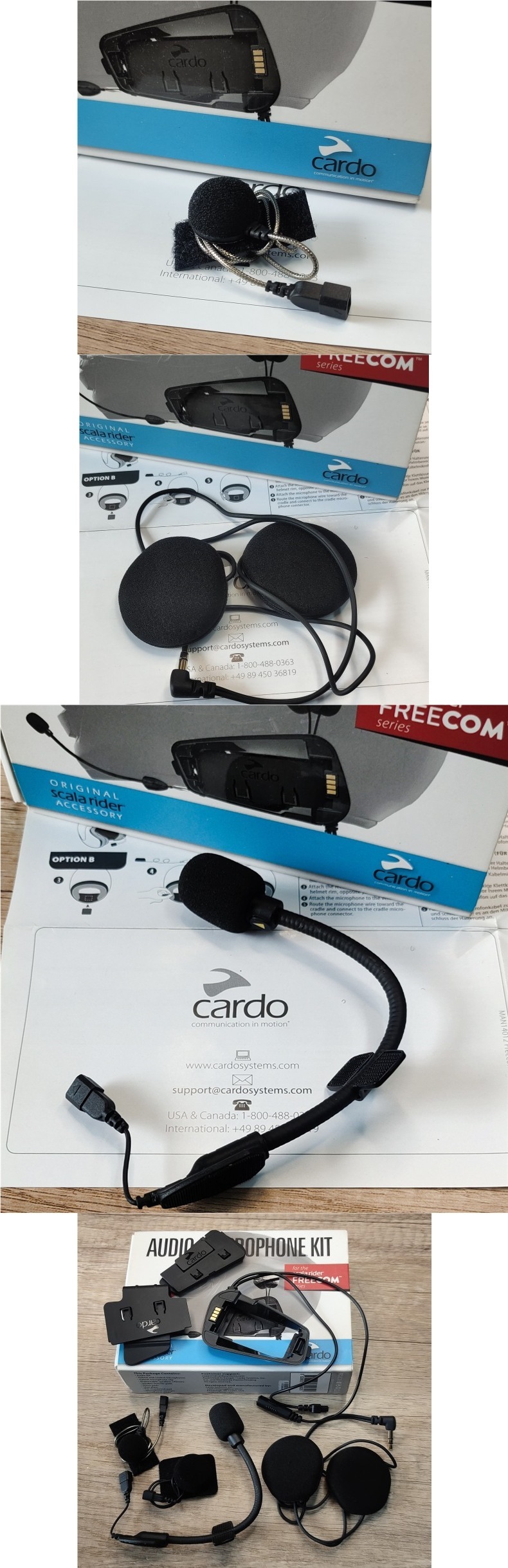 Cardo Freecom Spirit original accessories: Cardo base backplate, microphone, JBL earphone unit