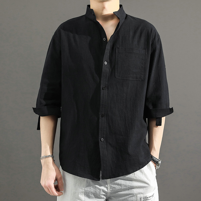 Men's Loose Linen Short Sleeve Shirt, Big Size, Trendy, Fat Men, Plus Size, Summer Cotton-Linen Five-Finger Sleeve Thin Model