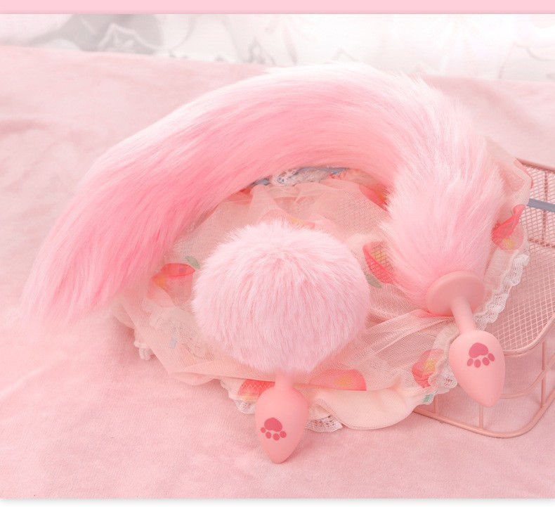 Fox Tail Anal Plug with Silicone Base, Pink and White, Small Size for Adult Couples — detail image 6
