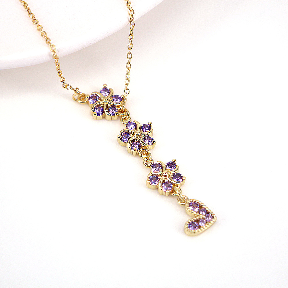 fashion flower peach heart copper inlaid color zircon pendant necklace