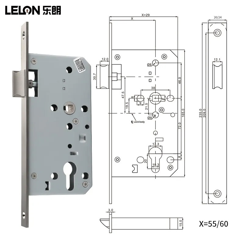 Personalizado estándar europeo 6072 cuerpo de cerradura de canal de lengüeta oblicua simple puerta de evacuación de incendios núcleo de la puerta de escape cuerpo de cerradura de fuego mecánica