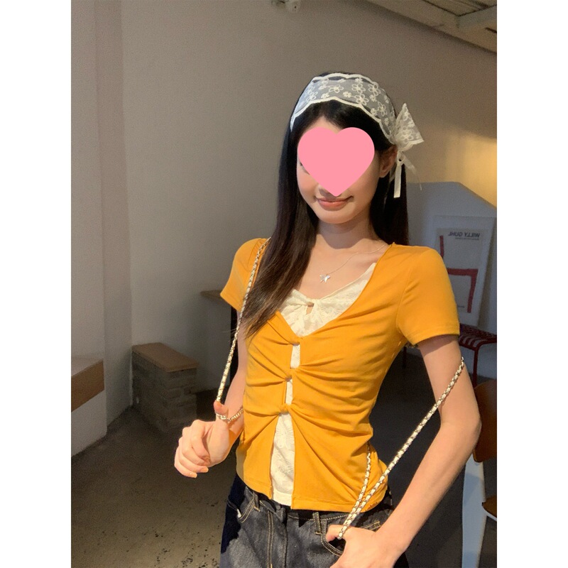 Spring and Summer Style Mango Yellow Design-Inspired Faux Two-Piece Lace Short-Sleeve T-Shirt with Twist Detail, Slim Fit Top Spring and Summer Style Mango Yellow Design-Inspired Faux Two-Piece Lace Short-Sleeve T-Shirt with Twist Detail, Slim Fit Top