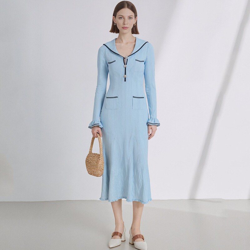 New French Style Navy Collar Knitted Dress Light Blue Contrasting Bell Sleeves Mid-Waist Fishtail Long Skirt