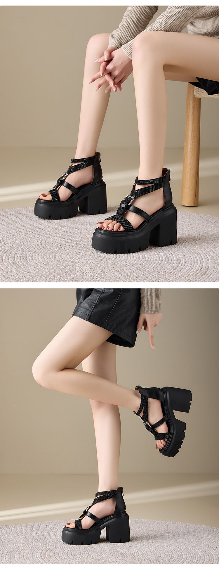 Giày sandal cao gót nữ đính đá gót 12 cm đế xuồng phong cách La Mã — màu đen chi tiết 6
