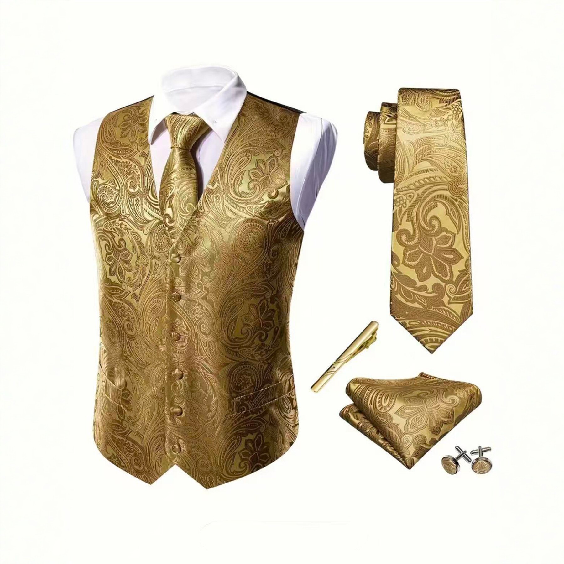 Men's Paisley Print Waistcoat Vest & Tie Set With Pocket Square | Elegant Slim-Fit Formal Casual Matching Set_voghion.com