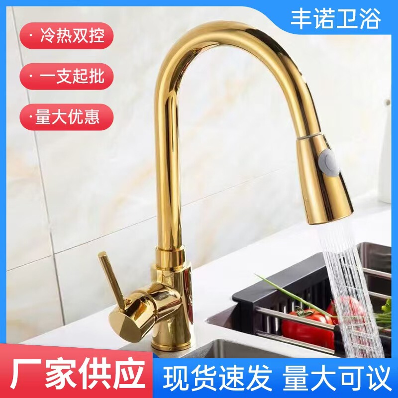 Wholesale Stainless Steel Gold Pull-out Kitchen Faucet Hot and Cold Rotating Vegetable Basin Faucet