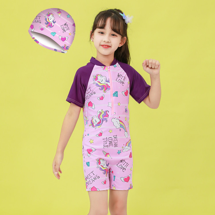 Traje de baño de una pieza para niñas, estilo caricatura, manga corta, pantalones cortos, traje de baño conservador con diseño patentado.