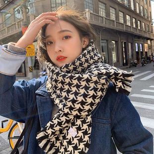 Modern retro houndstooth scarf women's winter cashmere-like elegant elegant shawl Korean style fashionable all-match warm scarf