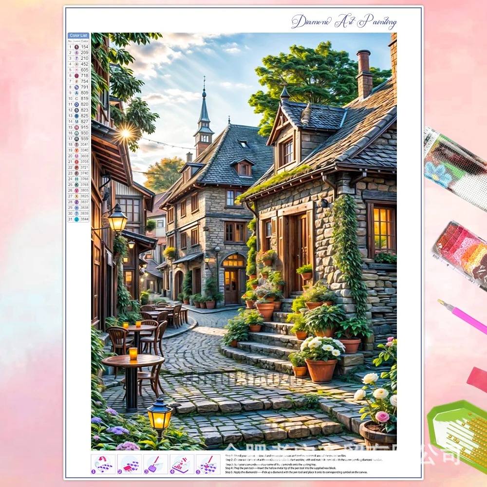 Venta caliente transfronteriza dibujos animados ciudad de bricolaje casa paisaje lleno de diamantes sala de estar dormitorio decoración pegatinas fabricante de pintura de diamantes