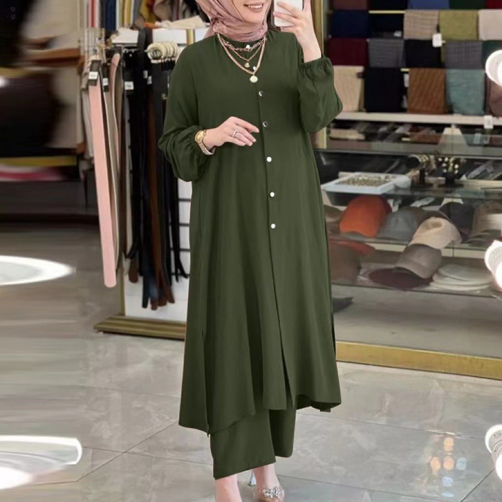 Damenbekleidung 2024 Muslimische Damenbekleidung im Nahen Osten, neue Eisseide, zerknittert, lockere, einfarbige, gespaltene Stehkragenhemd-Temperament-Hosenanzug_voghion.com