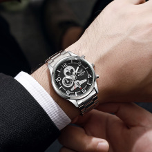 一件代发现货批发跨境男士手表多能能夜光防水石英表商务钢带腕表