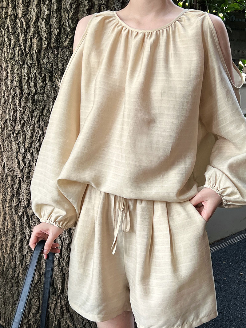 Texture Hollow Out Cutout Out Shoulder Baring Sun Protection Tencel Top Shorts Two Piece Set Suit Summer