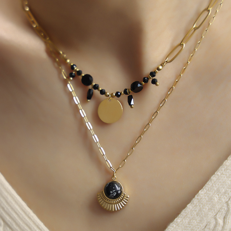 Retro Semicircle Square Titanium Steel Inlay Natural Stone Pendant Necklace 1 Piece